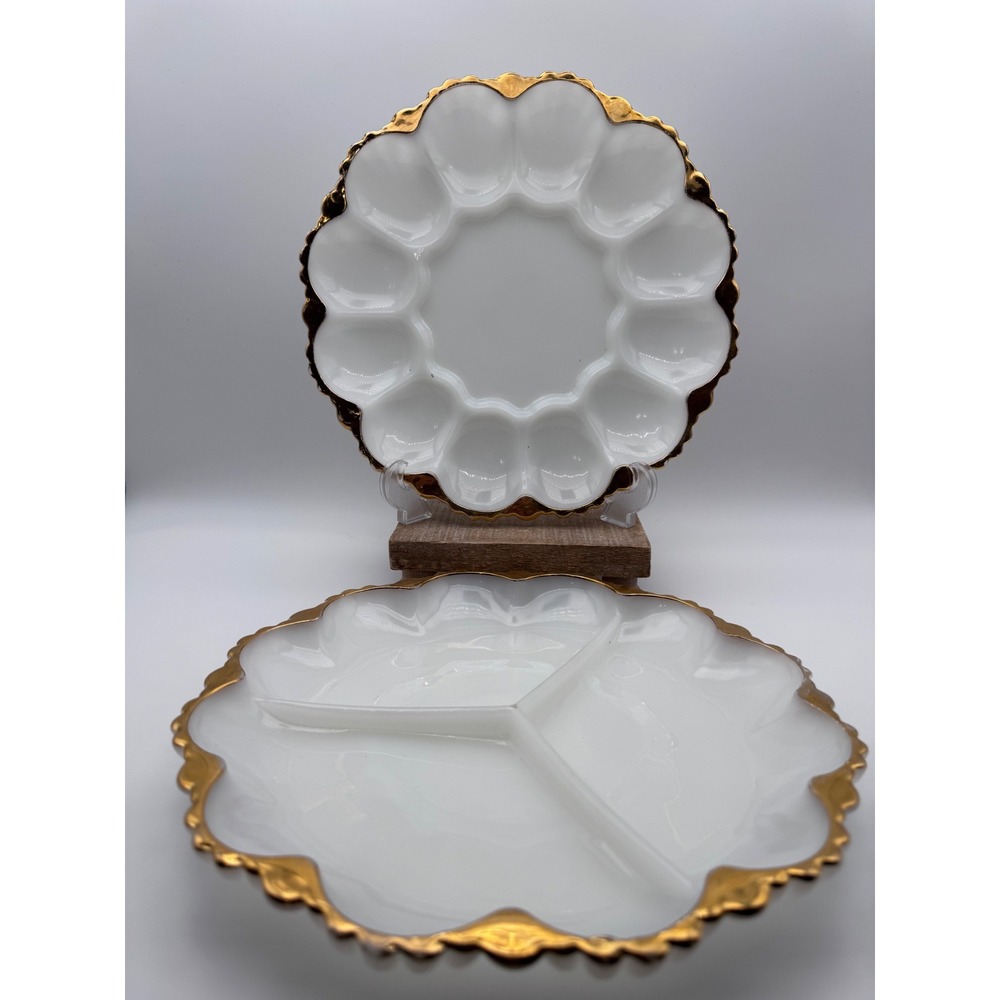 Vintage Milk Glass Deviled Egg Plate and Relish Tray Set Gold Trim Scalloped